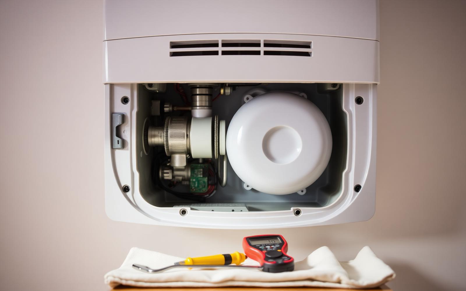 Combi boiler with front panel removed exposing internal components and diagnostic tools, boiler repair specialists, London.