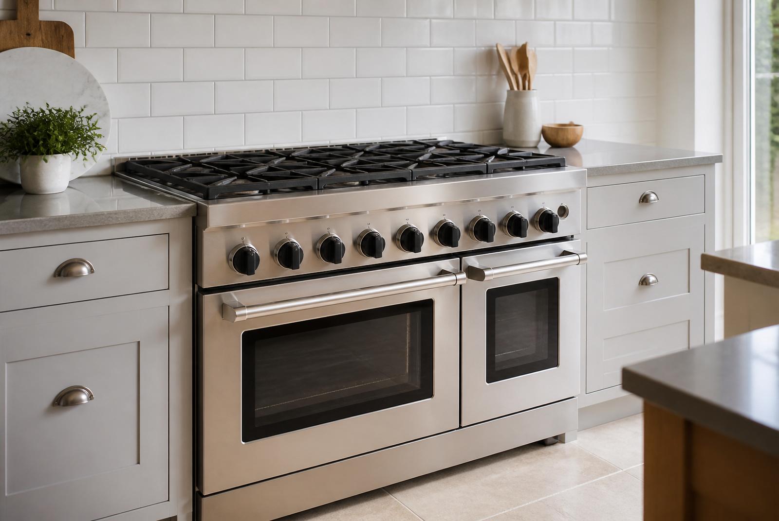 Stainless steel five-burner gas hob installed in a modern kitchen worktop with blue flame lit: Gas Safe cooker installation, London.