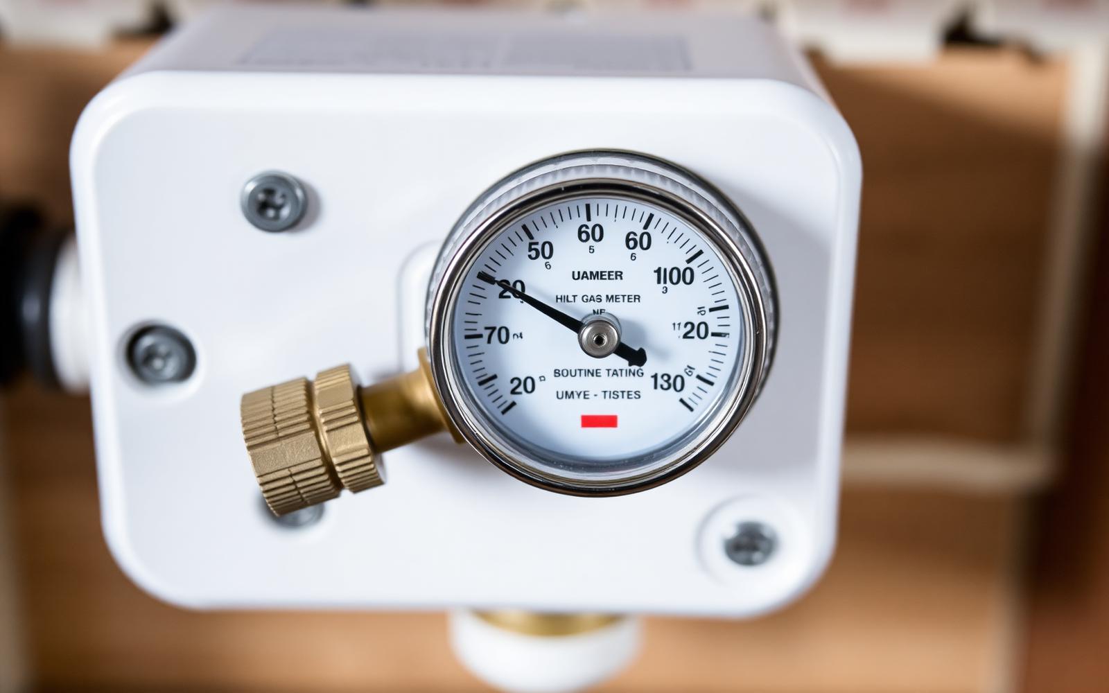 Domestic gas meter with manometer test gauge attached for a gas tightness test: Gas Safe registered engineers, London.