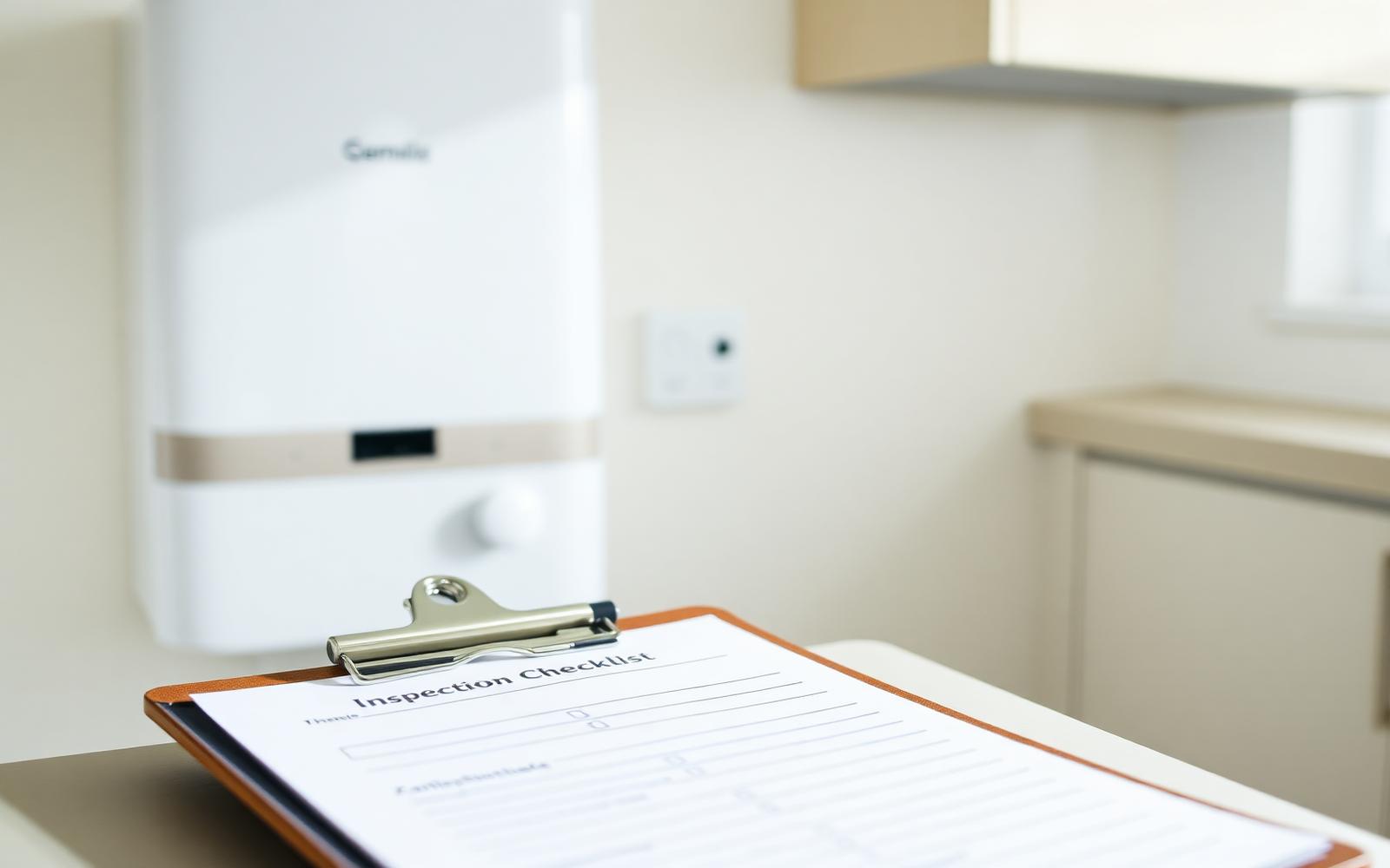 Landlord gas safety inspection clipboard on a kitchen worktop beside a wall-mounted boiler: CP12 certificates, London.