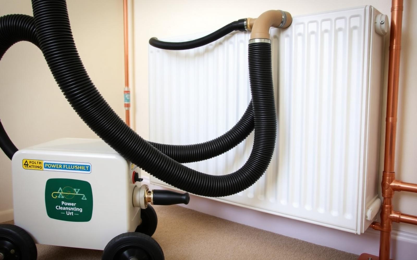 Power flushing machine connected via hoses to a central heating radiator, magnetic system cleanse, London.